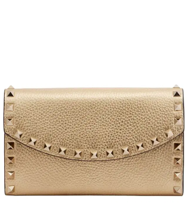 Rockstud metallic leather wallet on chain