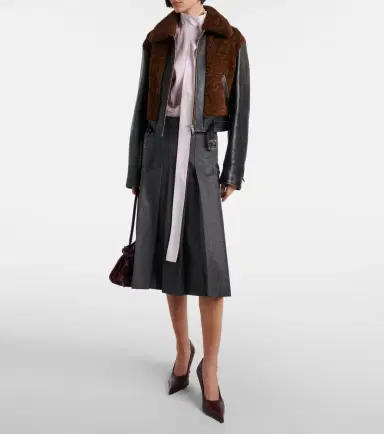 Prada Belted shearling-trimmed leather jacket | Thumbnail 2