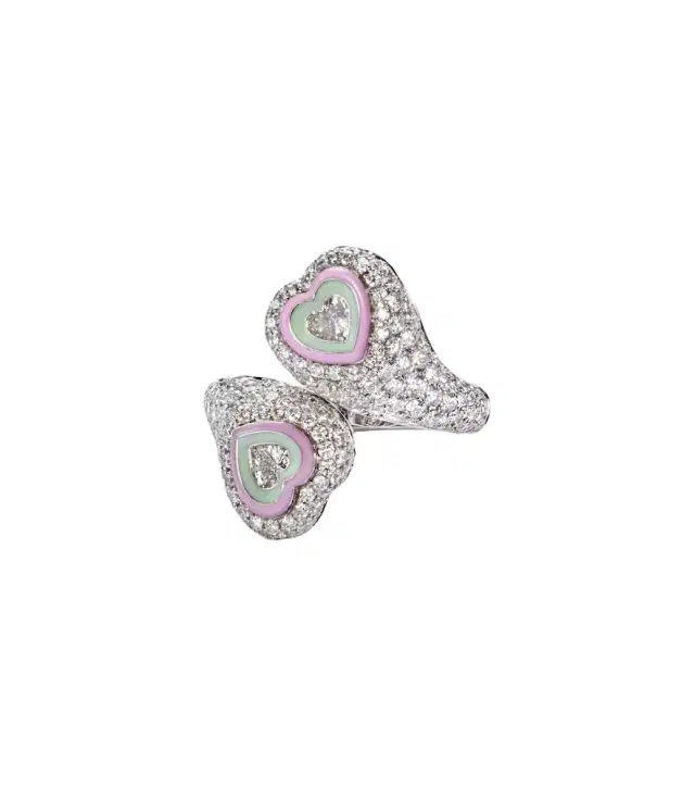 Kamyen Gemini Heart 18kt white gold and enamel pinky ring with diamonds