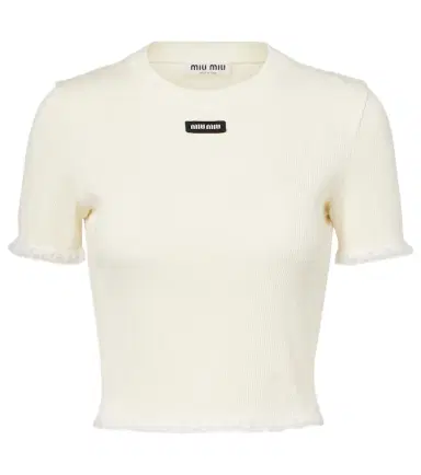 Miu Miu Cropped lace-trimmed cotton T-shirt | Thumbnail 1