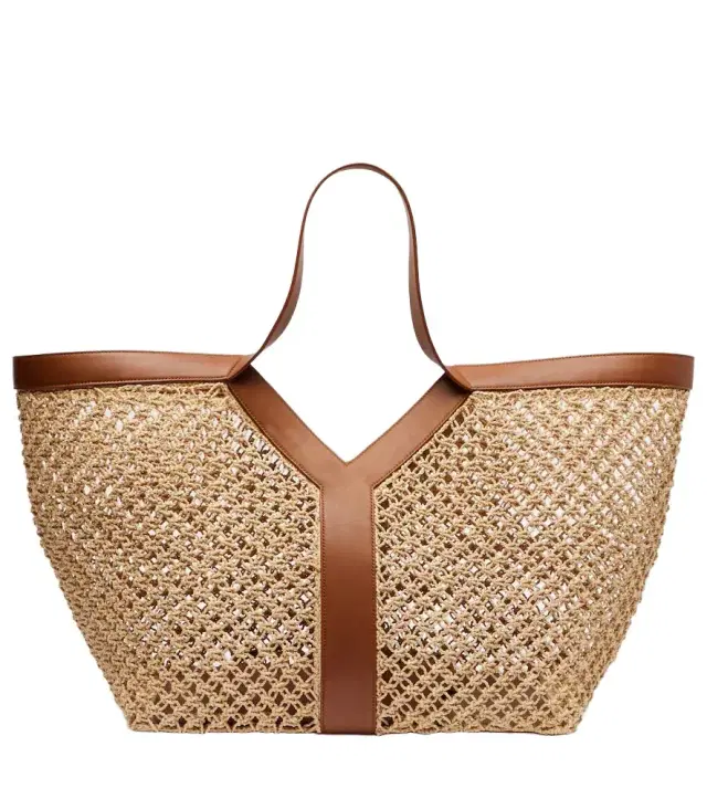 Y leather-trimmed raffia tote bag
