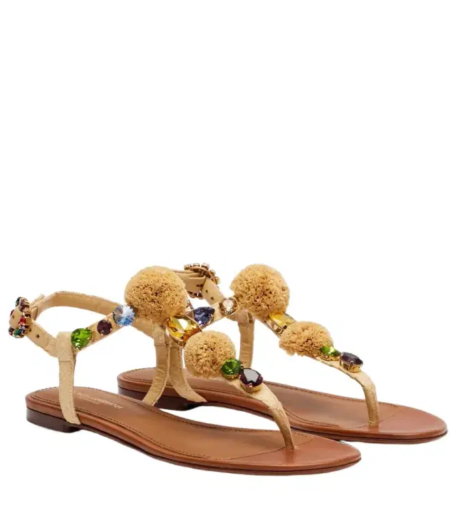 Dolce & Gabbana Embellished raffia-effect thong sandals