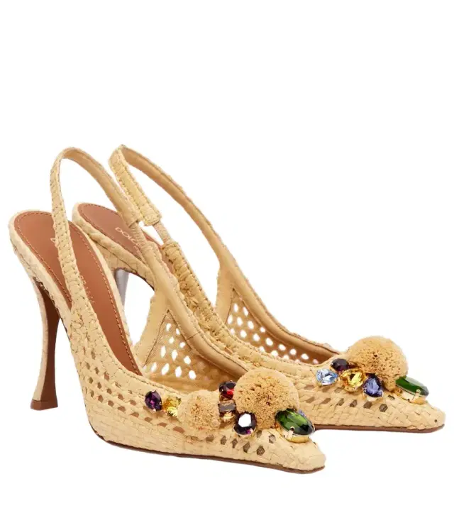 Dolce & Gabbana Embellished raffia-effect slingback pumps