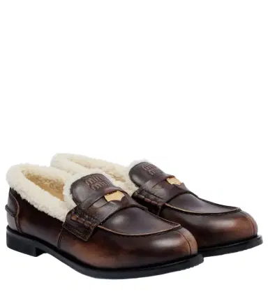 Miu Miu Shearling-lined leather penny loafers | Thumbnail 1 Miu Miu Shearling-lined leather penny loafers | Thumbnail 1