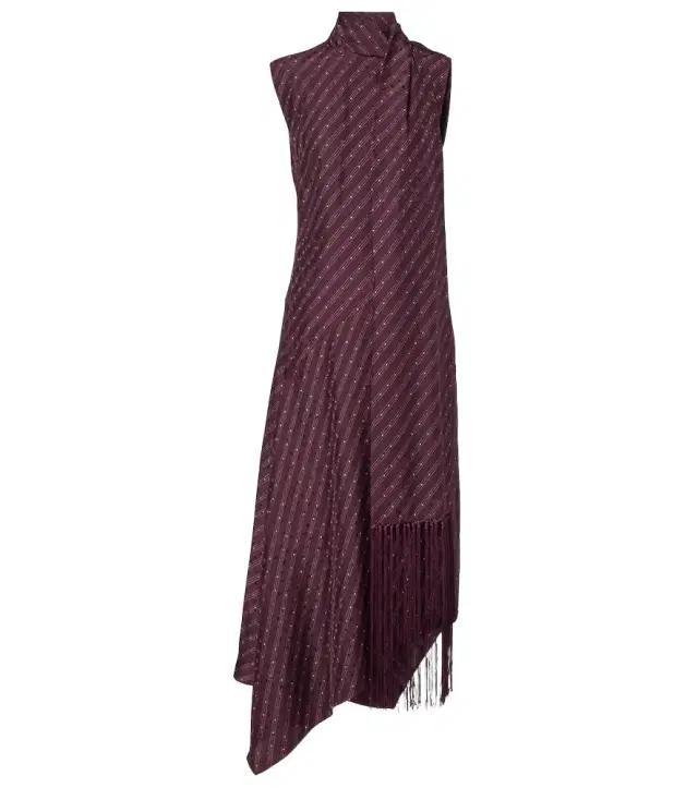 Asymmetric fringed silk midi dress