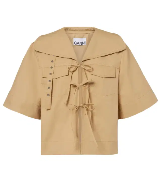 Ganni Bow-detail cotton and linen top