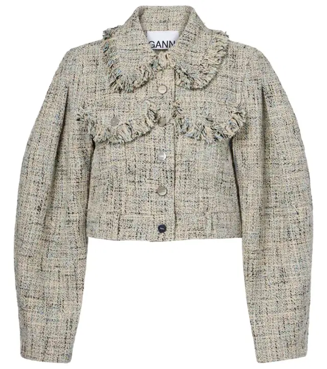 Ganni Cropped cotton tweed jacket