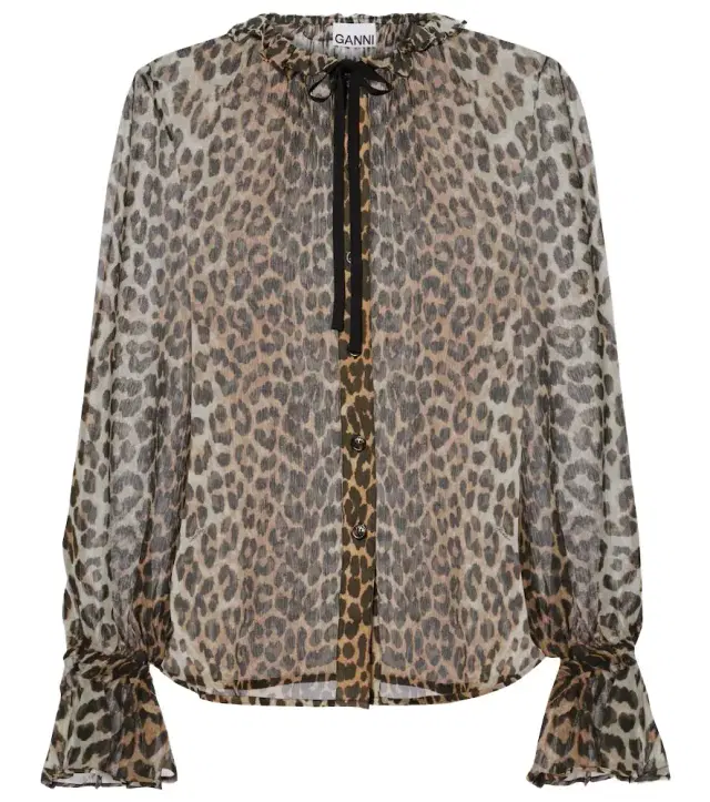 Ganni Leopard-print tie-neck chiffon blouse