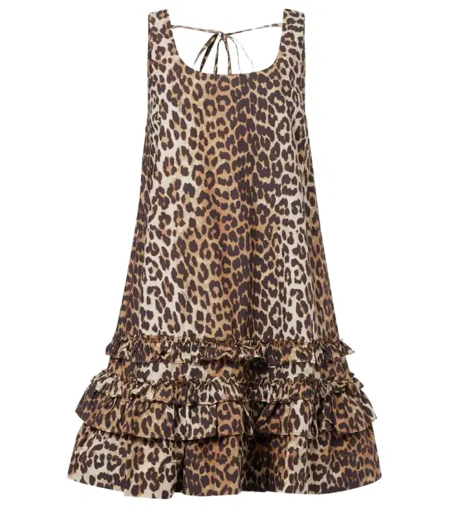 Ganni Leopard-print ruffled cotton poplin minidress