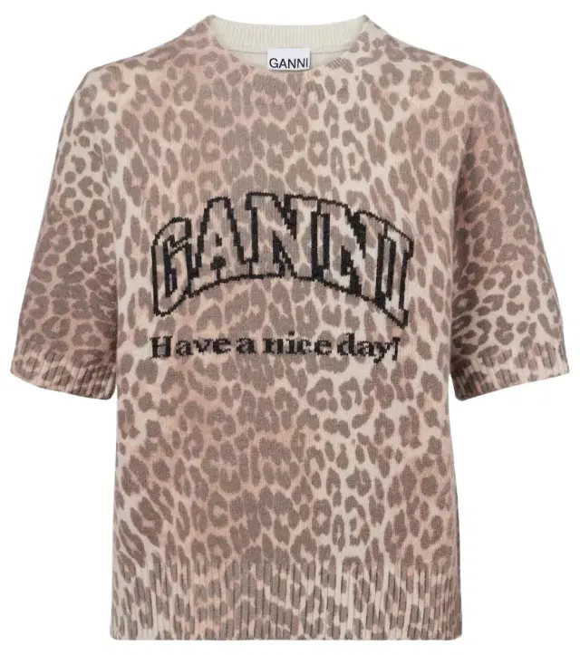 Ganni Logo leopard-print wool-blend top