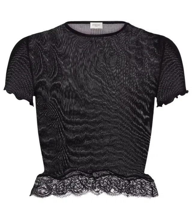 Saint Laurent Lace-trimmed cropped silk T-shirt