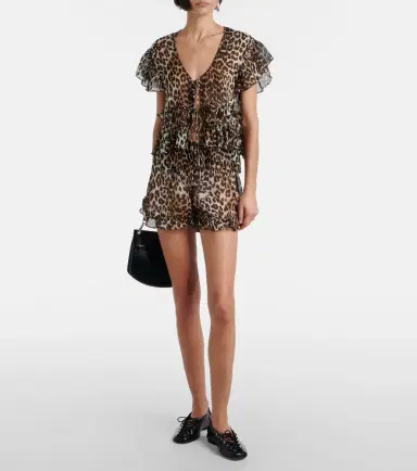 Ganni Leopard-print ruffled chiffon shorts | Thumbnail 4