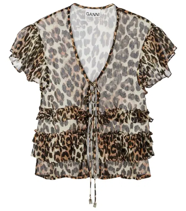 Ganni Leopard-print ruffled chiffon blouse