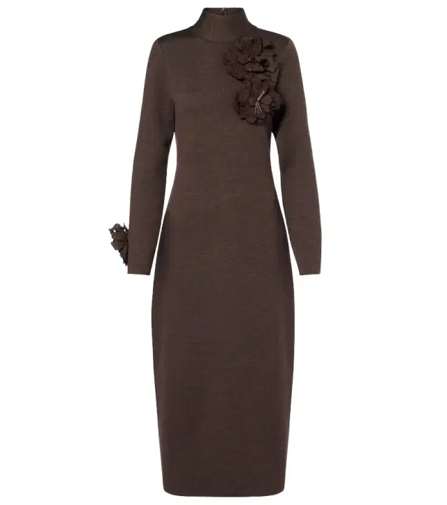 Oscar de la Renta Floral-appliqué wool-blend midi dress