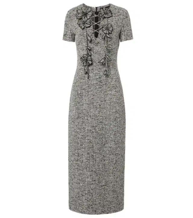 Oscar de la Renta Floral-appliqué cotton-blend tweed midi dress