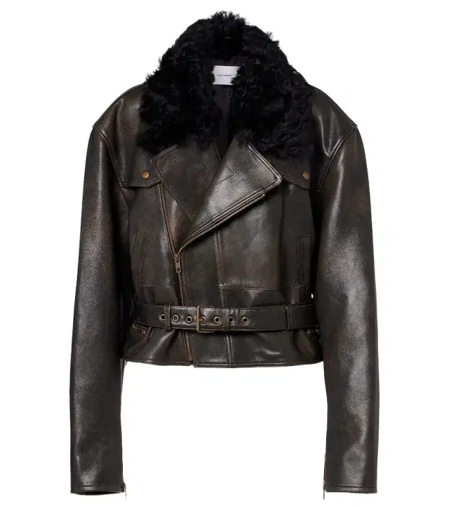 Shearling-trimmed cropped leather biker jacket