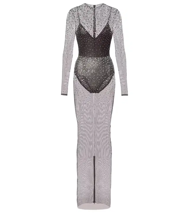 Crystal-embellished mesh maxi dress