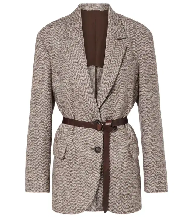 Brunello Cucinelli Belted herringbone wool-blend blazer