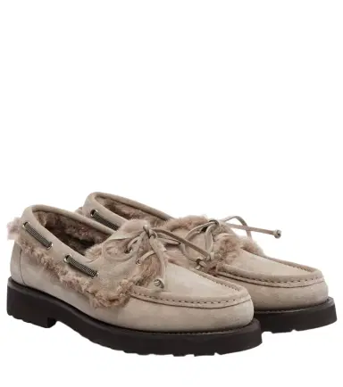 Brunello Cucinelli Monili shearling-trimmed suede boat shoes | Thumbnail 1 Brunello Cucinelli Monili shearling-trimmed suede boat shoes | Thumbnail 1