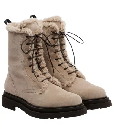 Brunello Cucinelli Shearling-trimmed suede combat boots | Thumbnail 1 Brunello Cucinelli Shearling-trimmed suede combat boots | Thumbnail 1