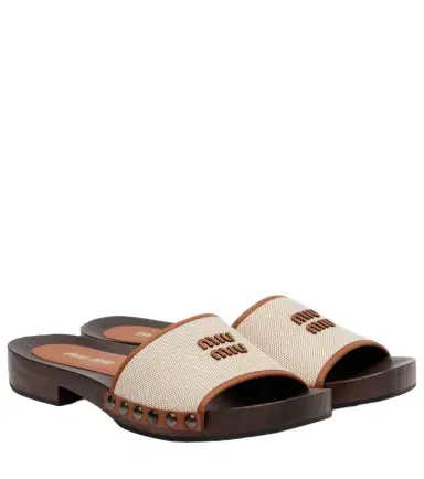 Miu Miu Logo leather-trimmed canvas clogs | Thumbnail 1