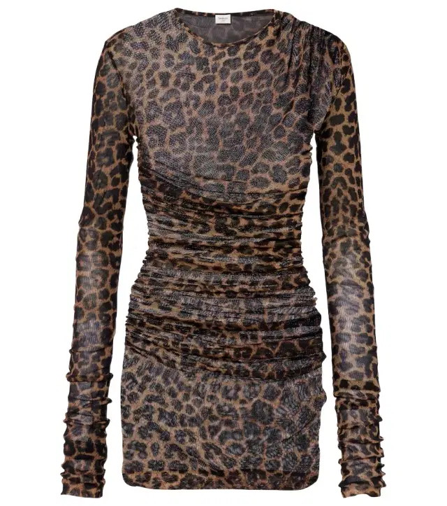 Leopard-print ruched tulle minidress