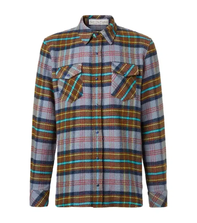Plaid cashmere shirt with lapis lazuli