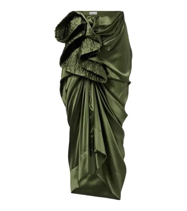 Dries Van Noten Gathered silk-blend satin midi skirt