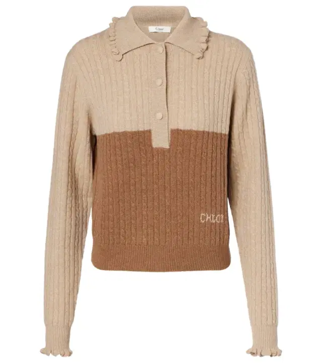 Chloe Chloé Cable-knit ruffled wool and cashmere polo sweater