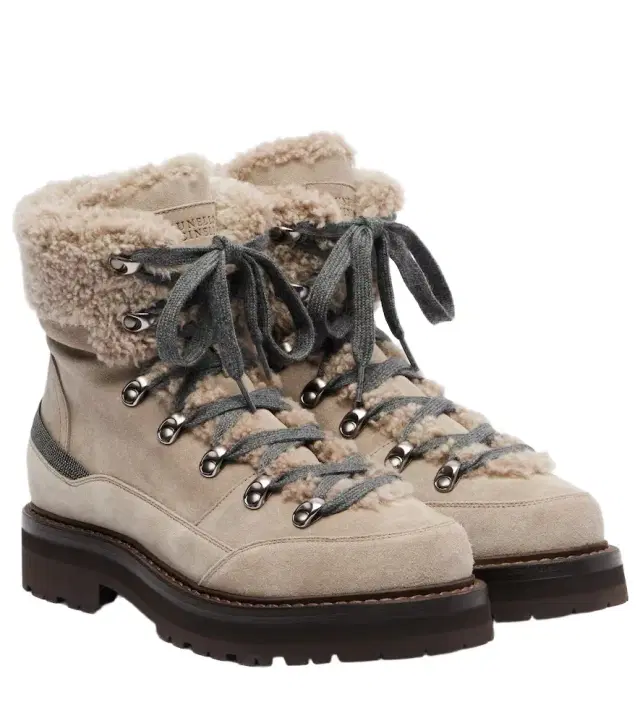 Brunello Cucinelli Shearling-trimmed suede lace-up boots