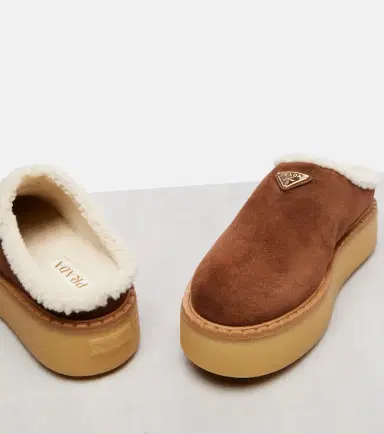 Prada Evolve shearling-trimmed suede platform mules | Thumbnail 5