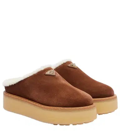 Prada Evolve shearling-trimmed suede platform mules | Thumbnail 1