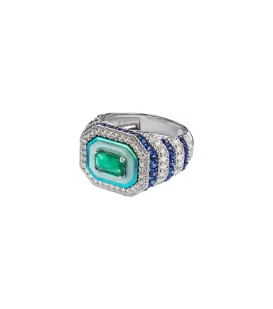Kamyen Twin Flame 18kt white gold pinky ring with diamonds and enamel | Thumbnail 1