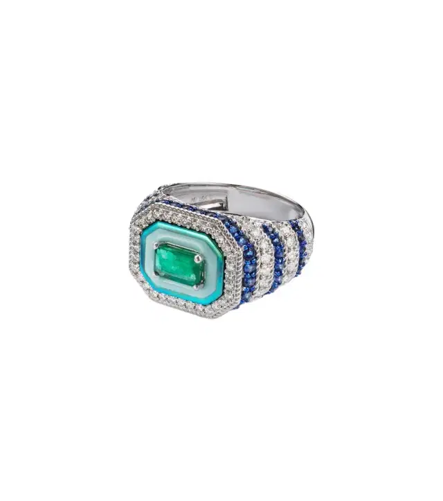 Twin Flame 18kt white gold pinky ring with diamonds and enamel