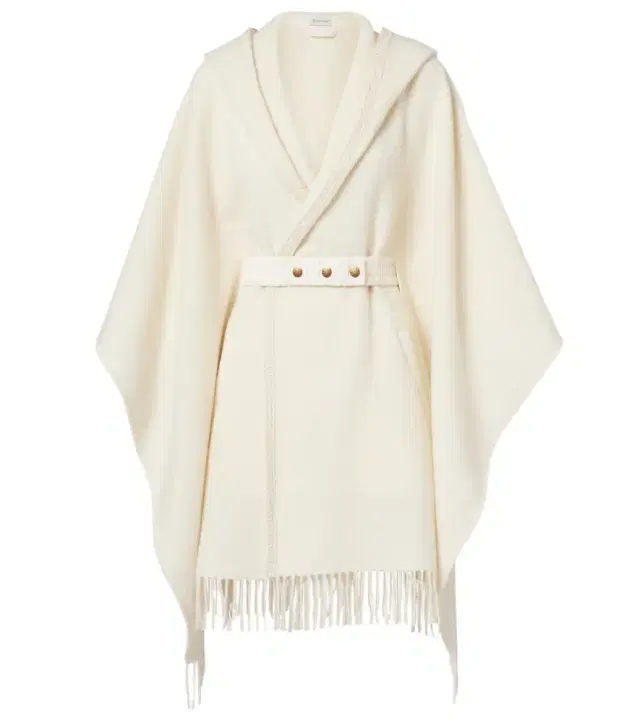 Belted fringed virgin wool cape