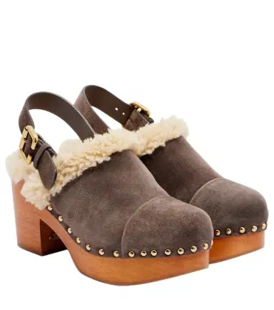 Chloe Chloé Jeannette shearling-trimmed suede wedge clogs | Thumbnail 1 Chloe Chloé Jeannette shearling-trimmed suede wedge clogs | Thumbnail 1