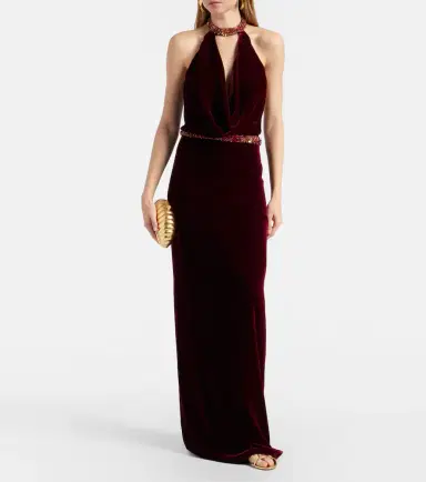 Costarellos Draped embellished halterneck velvet gown | Thumbnail 5