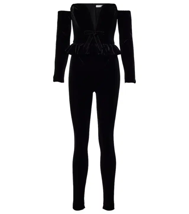 Bow-detail ruffled off-shoulder velvet jumpsuit