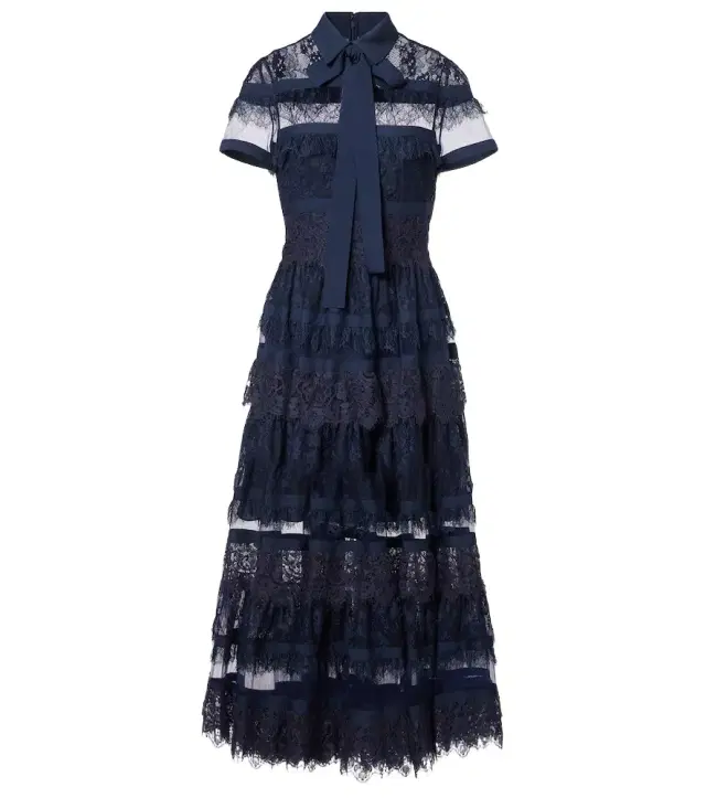 Elie Saab Tie-neck lace midi dress