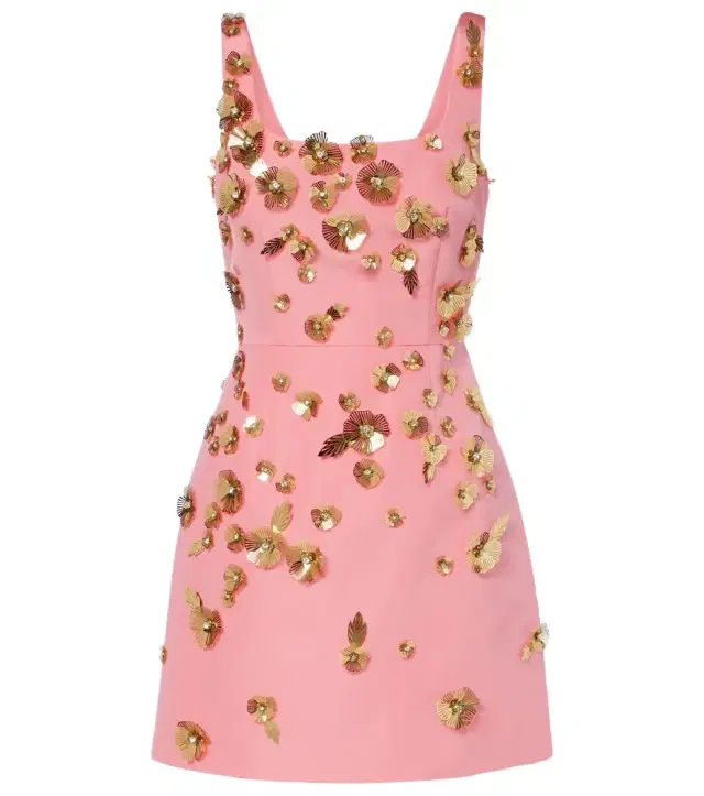 Floral-appliqué silk faille minidress