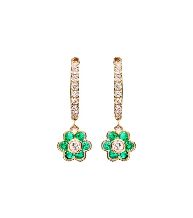 Anita Ko Flora 18kt gold huggie earrings with diamonds and emeralds