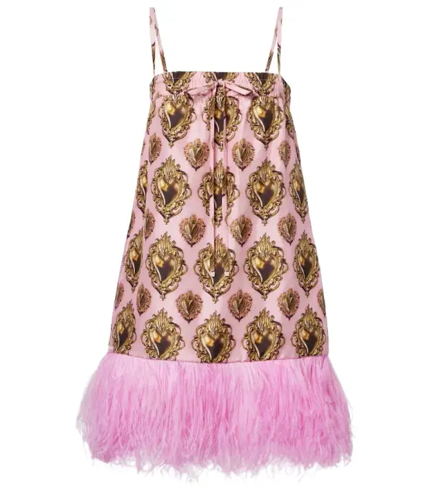 Feather-trimmed printed silk minidress