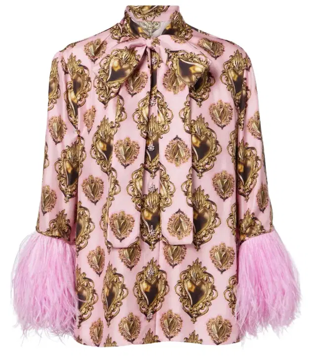 Feather-trimmed printed silk blouse
