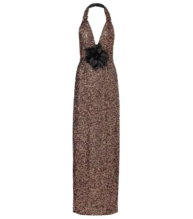 Floral-appliqué sequined halterneck gown