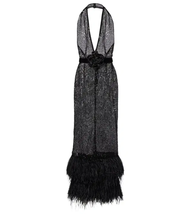 Dolce & Gabbana Feather-trimmed sequined sheer gown
