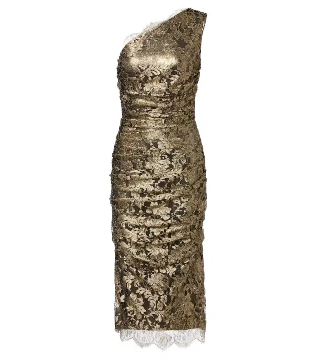 Dolce & Gabbana One-shoulder lamé lace midi dress