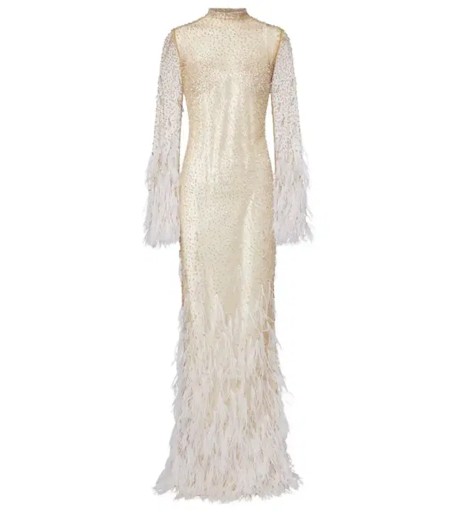 Mia embellished feather-trimmed tulle gown