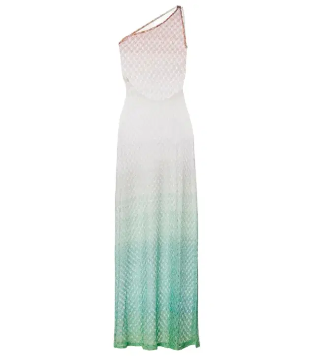 Open-knit one-shoulder lamé beach cover-up