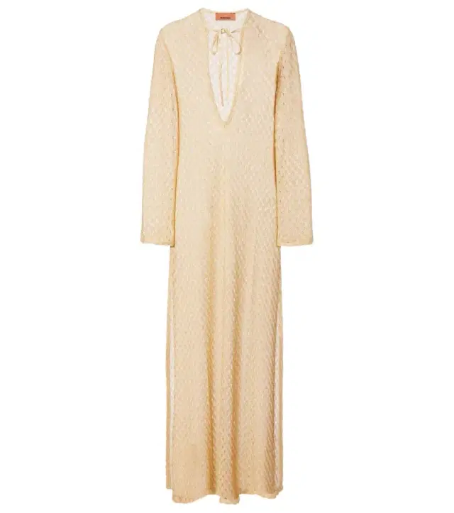 Open-knit tie-neck lamé kaftan