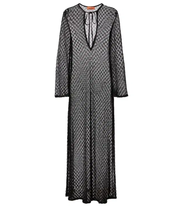 Open-knit tie-neck lamé kaftan